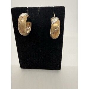JCM Gold Vintage-Style Hoop Earrings 925 1/20 10K Two-Tone Leaf Design Signed